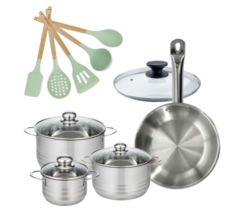 Batterie De Cuisine Avec 3 Faitouts 16/20/24 Cm Et 1 Poêle 28 Cm Avec 6 Ustensiles De Cuisine Facke…