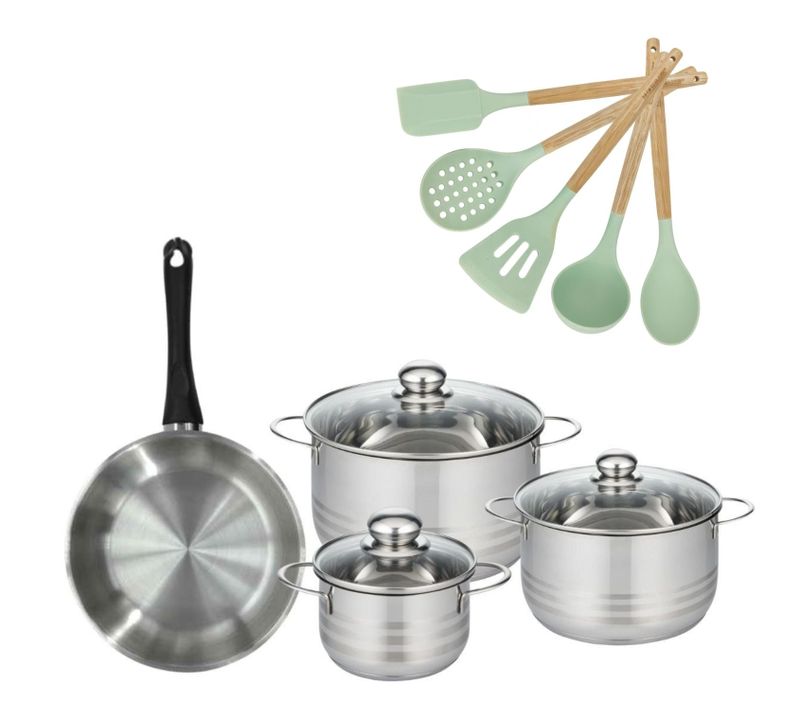 Batterie De Cuisine Avec 3 Faitouts 16/20/24 Cm Et 1 Poêle 24 Cm Avec 5 Ustensiles De Cuisine Facke…