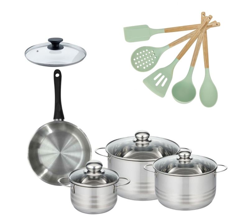 Batterie De Cuisine Avec 3 Faitouts 16/20/24 Cm Et 1 Poêle 20 Cm Avec 6 Ustensiles De Cuisine Facke…