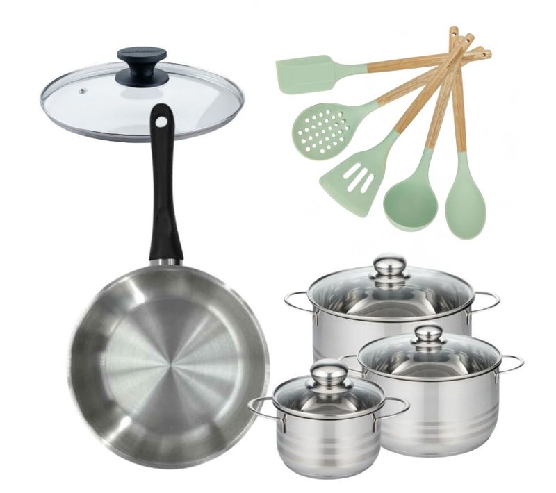 Batterie De Cuisine Avec 3 Faitouts 16/20/24 Cm Et 1 Poêle 28 Cm Avec 6 Ustensiles De Cuisine Facke…