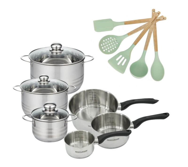 Set De 3 Faitouts 16, 20 Et 24 Cm, 3 Casseroles 12 16 20 Cm En Inox Et 5 Ustensiles Fackelmann Gene…