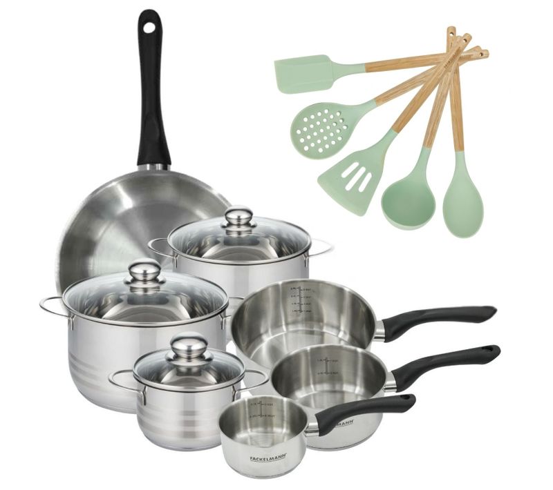Batterie De Cuisine Avec 3 Faitouts 16/20/24 Cm Et 3 Casseroles 12/16/20 Cm Avec 5 Ustensiles De Cu…