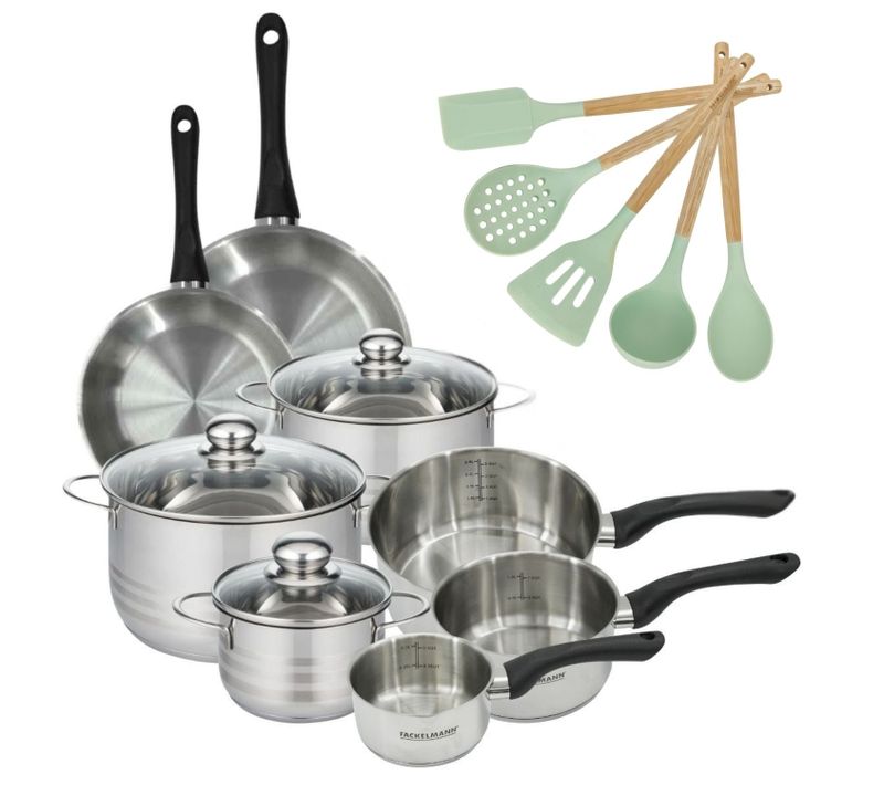 Set 2 Poêles 20 24 Cm 3 Casseroles 12 16 20 Cm, 3 Faitouts 16, 20 Et 24 Cm En Inox Fackelmann Genev…