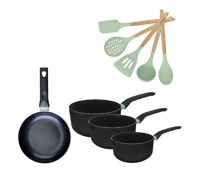 Batterie De Cuisine Avec 1 Poêle 20 Cm Et 3 Casseroles 16/18/20 Cm Sans Pfas Et 5 Ustensiles De Cui…