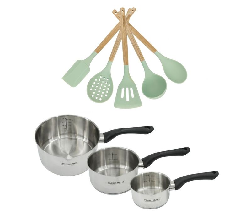 Lot De 3 Casseroles En Inox 12/16/20 Cm Fackelmann Geneva Avec 5 Ustensiles De Cuisine