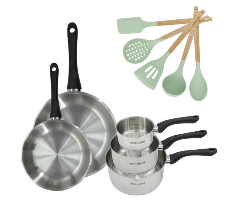 Batterie De Cuisine Avec 3 Casseroles 12/16/20 Cm Et 2 Poêles 24/28 Cm Et 5 Ustensiles De Cuisine S…