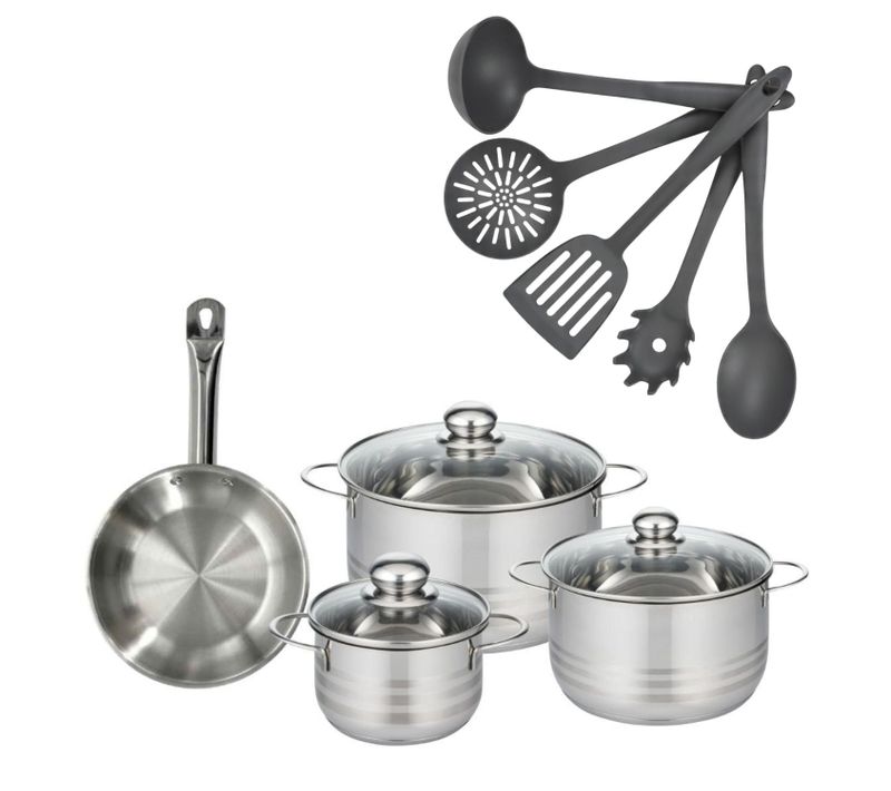 Batterie De Cuisine Avec 3 Faitouts 16/20/24 Cm Et 1 Poêle 20 Cm Avec 5 Ustensiles De Cuisine Facke…