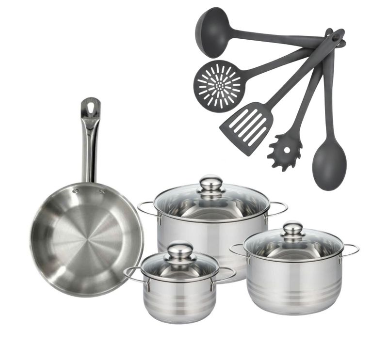 Batterie De Cuisine Avec 3 Faitouts 16/20/24 Cm Et 1 Poêle 24 Cm Avec 5 Ustensiles De Cuisine Facke…