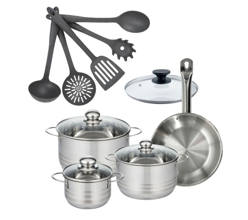 Batterie De Cuisine Avec 3 Faitouts 16/20/24 Cm Et 1 Poêle 24 Cm Avec 6 Ustensiles De Cuisine Facke…