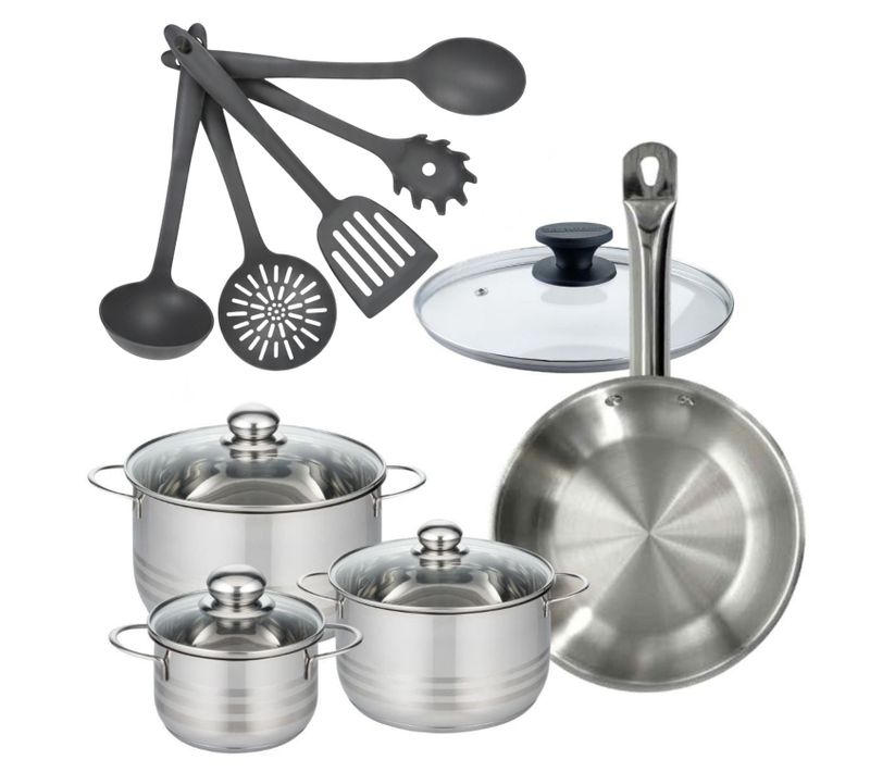 Batterie De Cuisine Avec 3 Faitouts 16/20/24 Cm Et 1 Poêle 28 Cm Avec 6 Ustensiles De Cuisine Facke…
