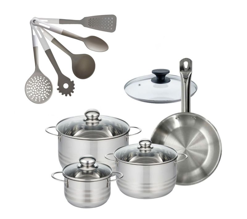 Batterie De Cuisine Avec 3 Faitouts 16/20/24 Cm Et 1 Poêle 24 Cm Avec 6 Ustensiles De Cuisine Facke…