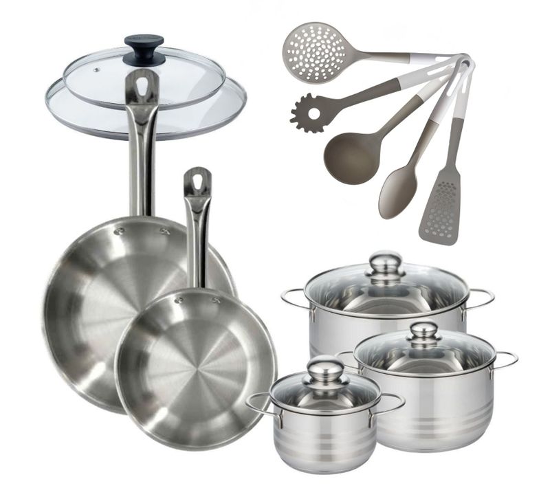 Lot 2 Poêles 24/28cm Fackelmann Eterna Avec 3 Faitouts 16/20/24 Cm Et 5 Ustensiles Fackelmann