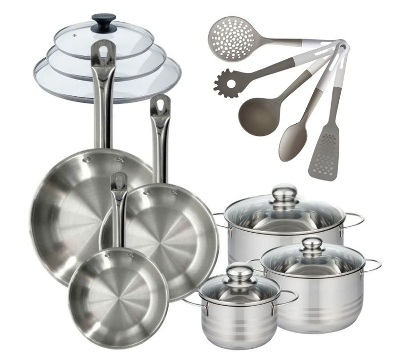 Batterie De Cuisine Avec 3 Faitouts 16/20/24 Cm Et 3 Poêles 20/24/28 Cm Avec 8 Ustensiles De Cuisin…