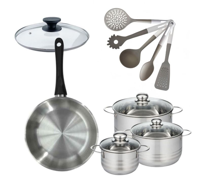 Batterie De Cuisine Avec 3 Faitouts 16/20/24 Cm Et 1 Poêle 28 Cm Sans Pfas Et 6 Ustensiles De Cuisi…