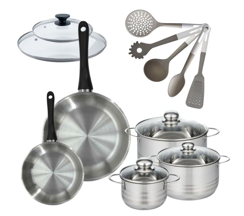 Lot De 2 Poêles 20/28 Cm Fackelmann Geneva Avec 3 Faitouts 16/20/24 Cm Et 5 Ustensiles