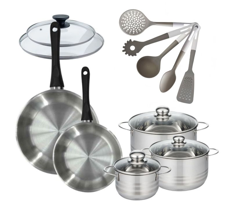 Set 2 Poêles 24 28 Cm Avec Couvercle, 3 Faitouts 16, 20 Et 24 Cm En Inox Et 5 Ustensiles Fackelmann…