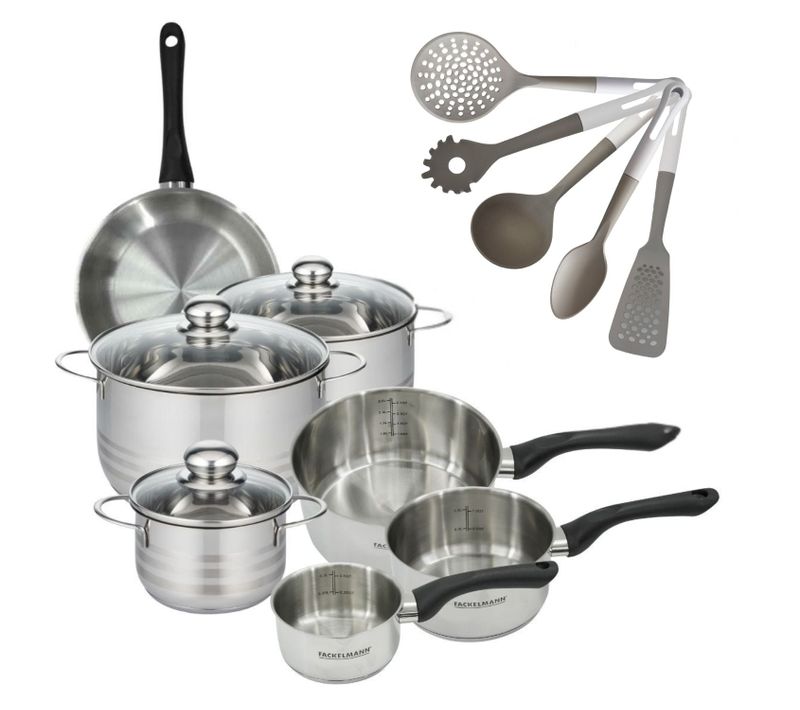 Set 1 Poêle 20 Cm, 3 Casseroles 12 16 20 Cm, 3 Faitouts 16, 20 Et 24 Cm En Inox Et 5 Ustensiles Fac…