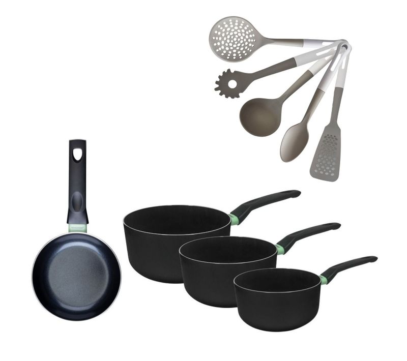 Poêle 16cm Et 3 Casseroles 16/18/20cm Sans Pfas Fackelmann Brandao Avec 5 Ustensiles Vario