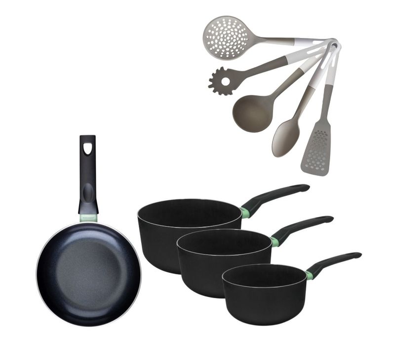 Batterie De Cuisine Avec 1 Poêle 20 Cm Et 3 Casseroles 16/18/20 Cm Sans Pfas Et 5 Ustensiles De Cui…