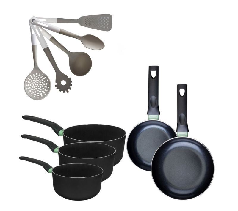 Lot De 2 Poêles 16/20 Cm Et 3 Casseroles 16/18/20 Cm Fackelmann Brandao Avec 5 Ustensiles De Cuisin…