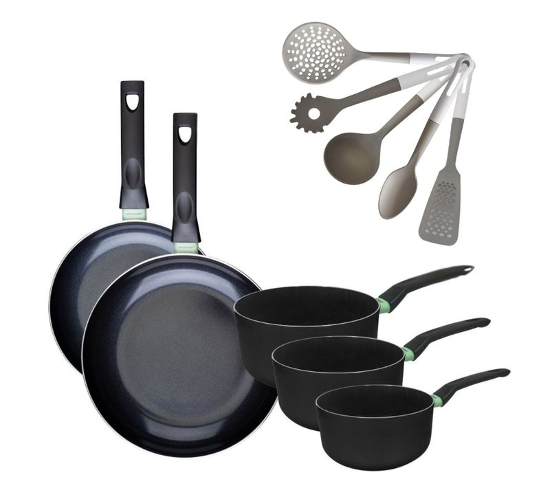 Batterie De Cuisine Avec 2 Poêles 24/28 Cm Et 3 Casseroles 16/18/20 Cm Et 5 Ustensiles De Cuisine F…