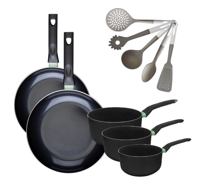 Lot De 2 Poêles 28/30 Cm Et 3 Casseroles 16/18/20 Cm Fackelmann Brandao Avec 5 Ustensiles De Cuisin…