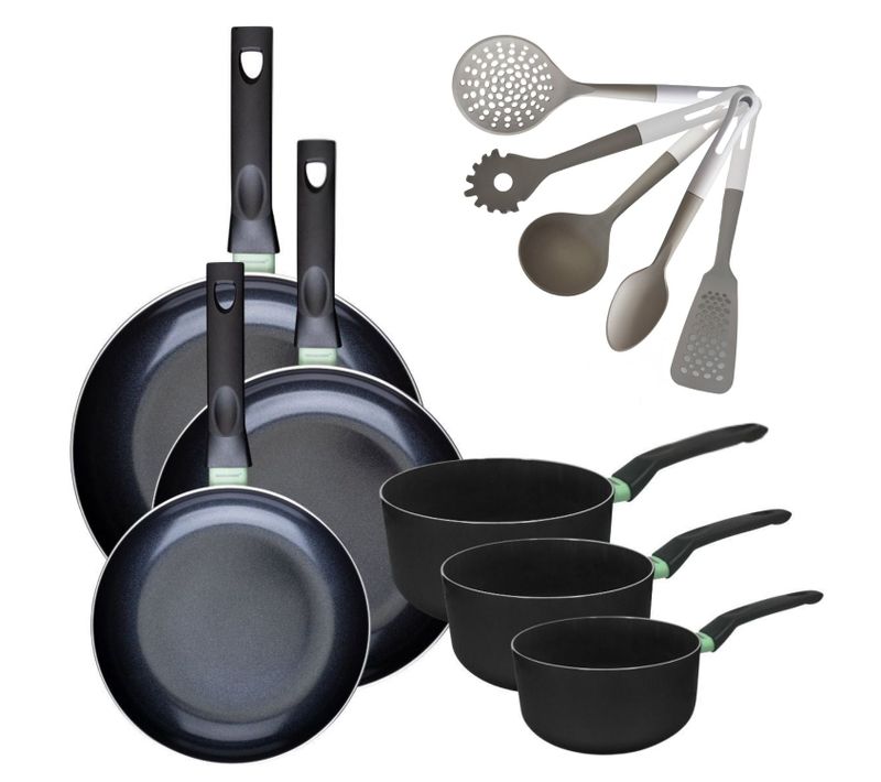 Batterie De Cuisine Avec 3 Poêles 24/28/30 Cm Et 3 Casseroles 16/18/20 Cm Sans Pfas Et 5 Ustensiles…