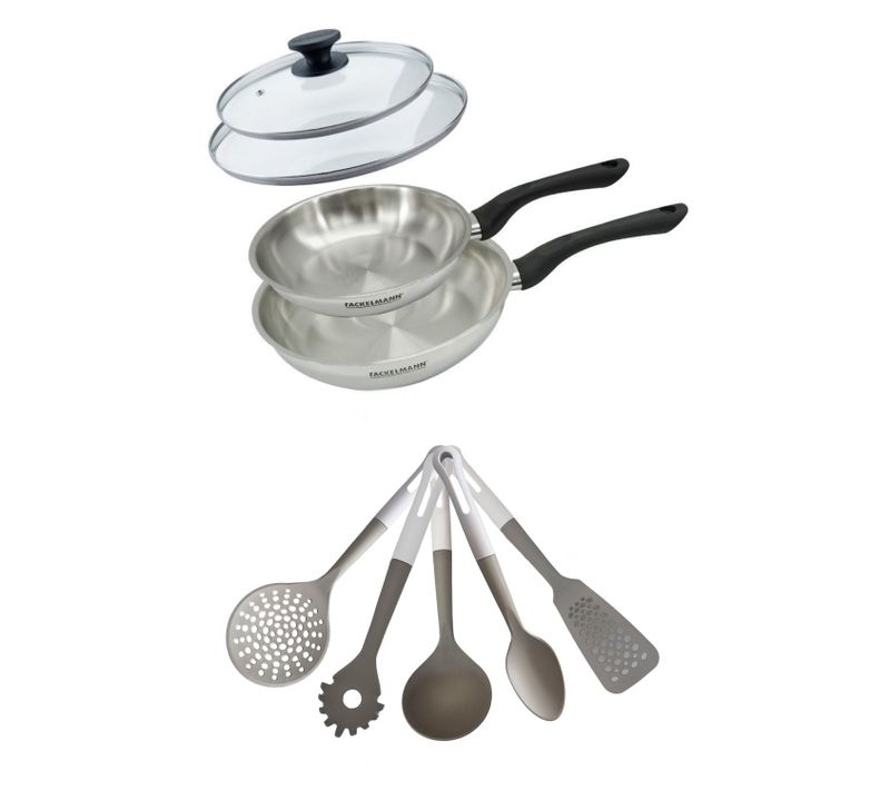Lot De 2 Poêles En Inox 20/24 Cm Avec Couvercles Fackelmann Geneva Avec 5 Ustensiles De Cuisine
