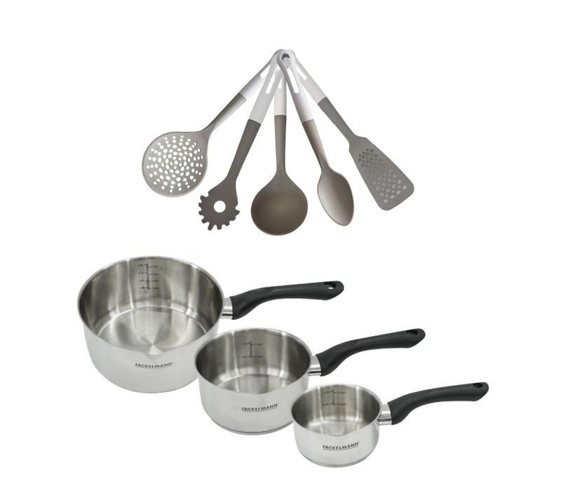 Batterie De Cuisine Avec 3 Casseroles 12/16/20 Cm En Inox Et 5 Ustensiles De Cuisine Sans Pfas Fack…
