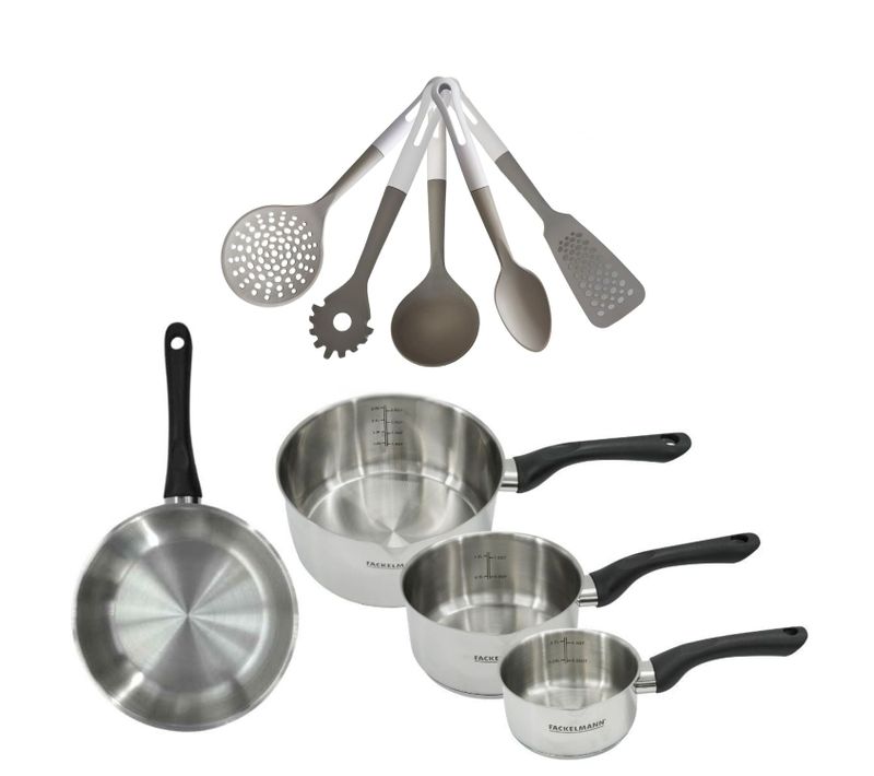 Lot De 1 Poêle 24 Cm, 3 Casseroles Inox 12/16/20 Cm Fackelmann Geneva Avec 5 Ustensiles