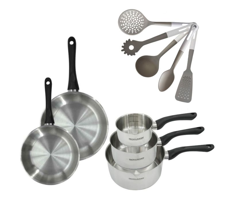 Batterie De Cuisine Avec 3 Casseroles 12/16/20 Cm Et 2 Poêles 20/24 Cm Avec 5 Ustensiles De Cuisine…