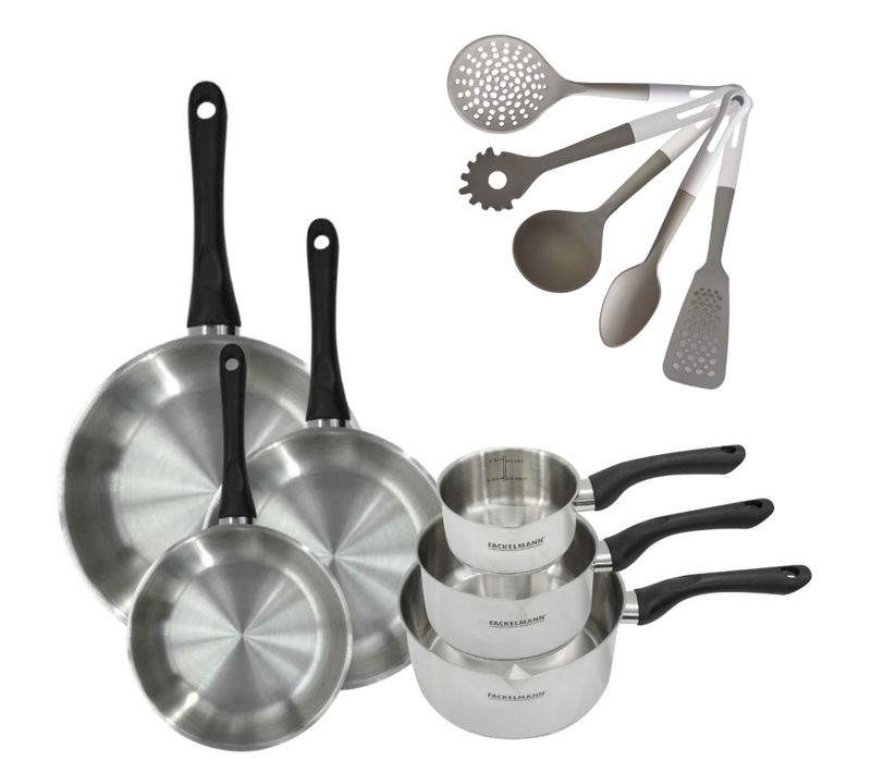 Batterie De Cuisine Avec 3 Casseroles 12/16/20 Cm Et 3 Poêles 20/24/28 Cm Avec 5 Ustensiles De Cuis…