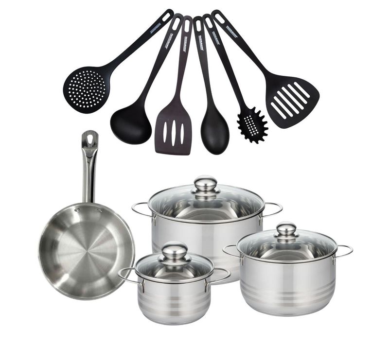 Set 1 Poêle 20 Cm En Inox, 3 Faitouts Inox 16, 20 Et 24 Cm Et 6 Ustensiles