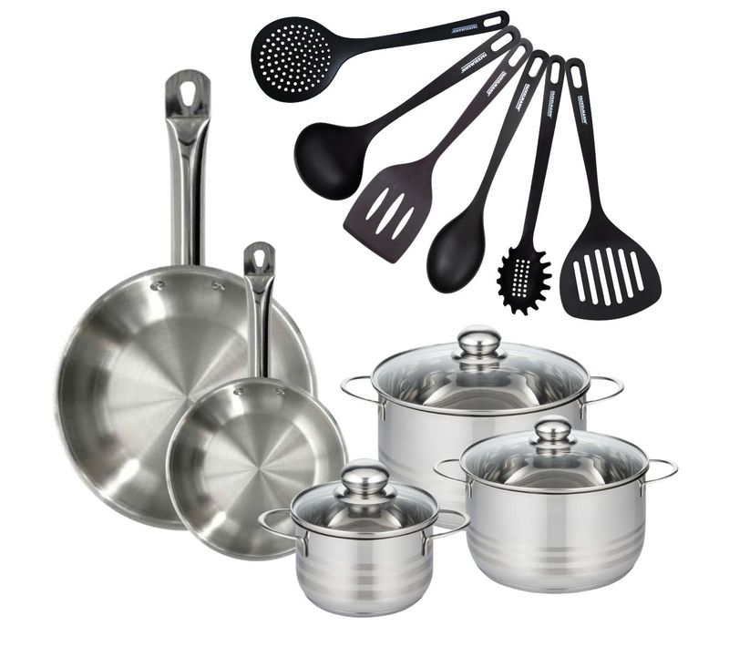 Set 2 Poêles 20 28 Cm En Inox, 3 Faitouts Inox 16, 20 Et 24 Cm Et 6 Ustensiles