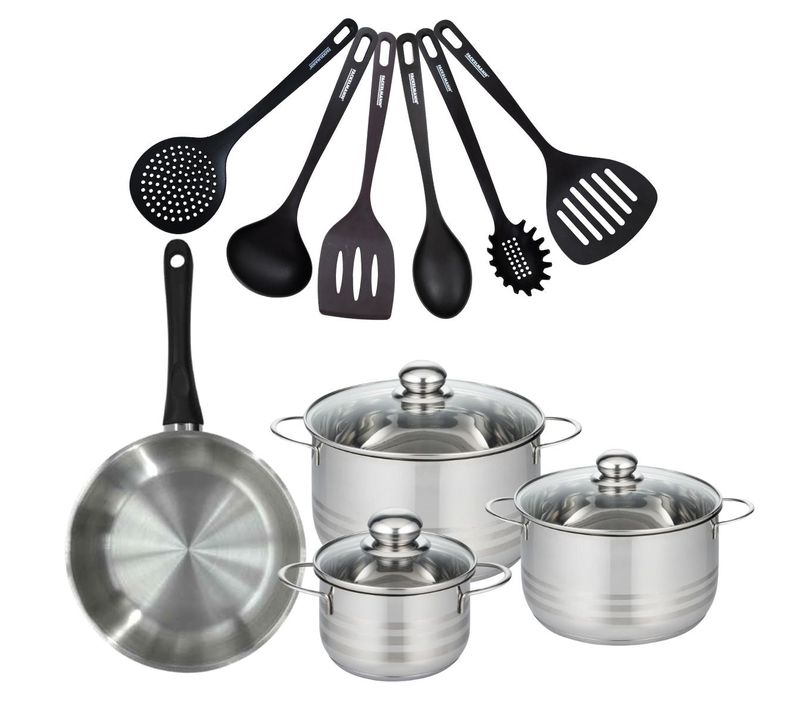 Set De 1 Poêle 24 Cm En Inox, 3 Faitouts 16, 20 Et 24 Cm Et 6 Ustensiles Rpet