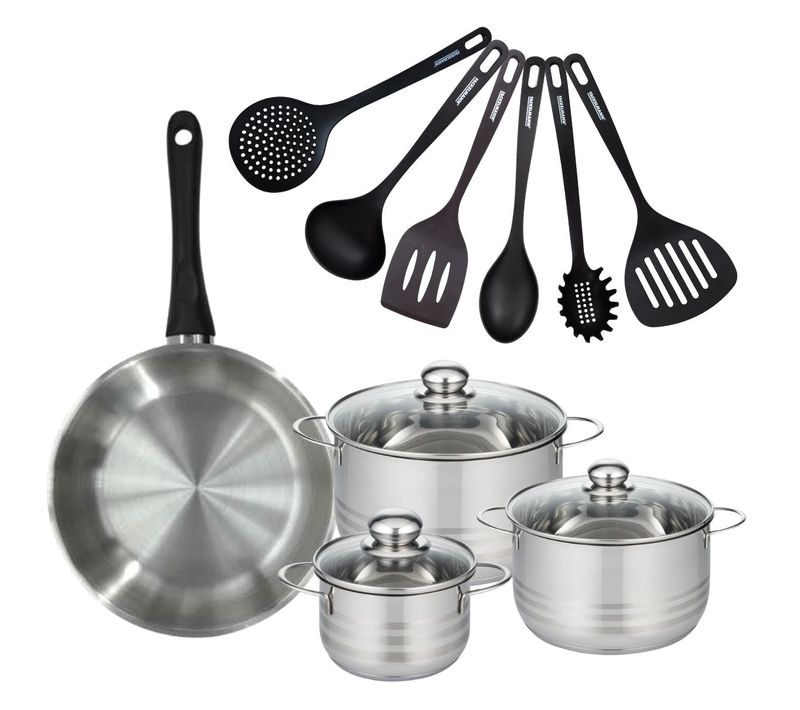 Set De 1 Poêle 28 Cm En Inox, 3 Faitouts 16, 20 Et 24 Cm Et 6 Ustensiles Rpet