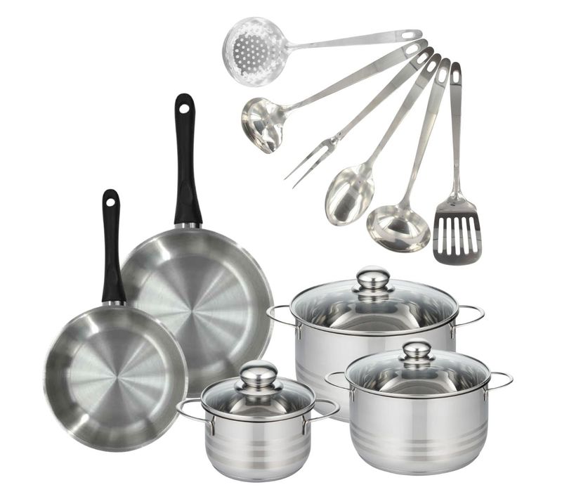 Set 2 Poêles 20 24 Cm, 3 Faitouts 16, 20 Et 24 Cm En Inox Et 6 Ustensiles Inox