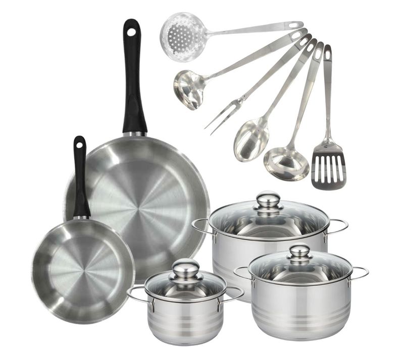 Set 2 Poêles 20 28 Cm, 3 Faitouts 16, 20 Et 24 Cm En Inox Et 6 Ustensiles Inox