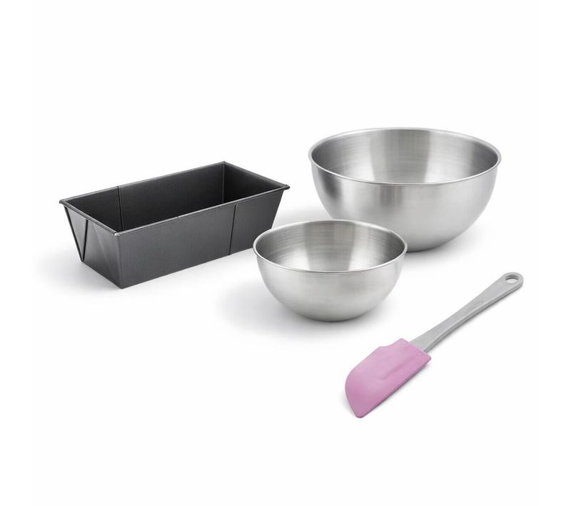 Lot Avec 1 Moule à Cake De 20 à 35 Cm, 1 Spatule Et 2 Bols à Mixer En Inox