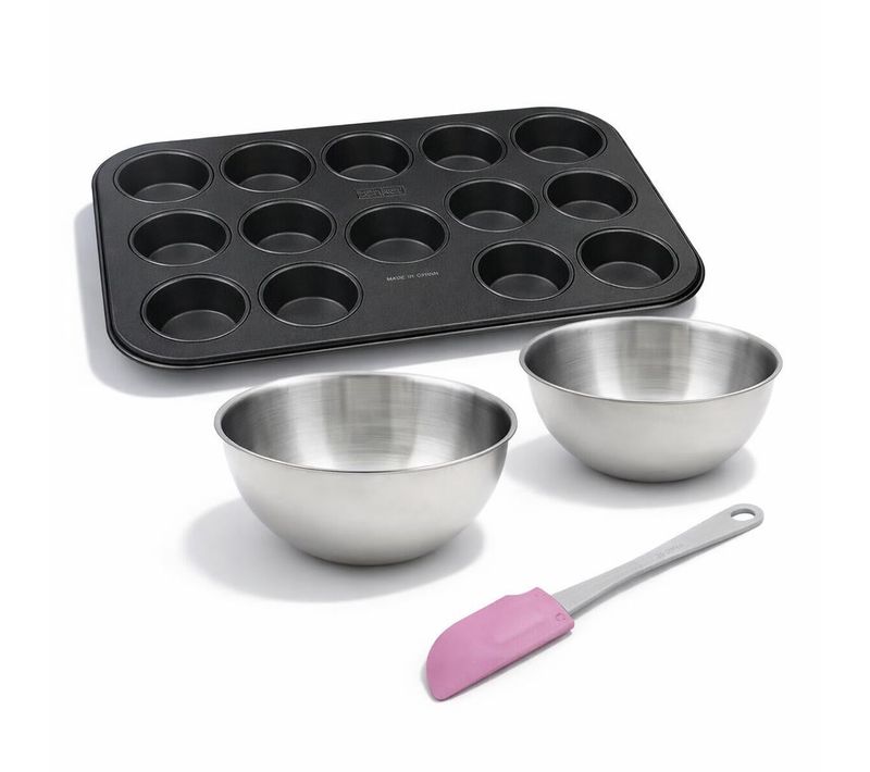 Lot Comprenant 1 Moule à Muffins 12 Empreintes, 1 Spatule Et 2 Bols à Mixer En Inox