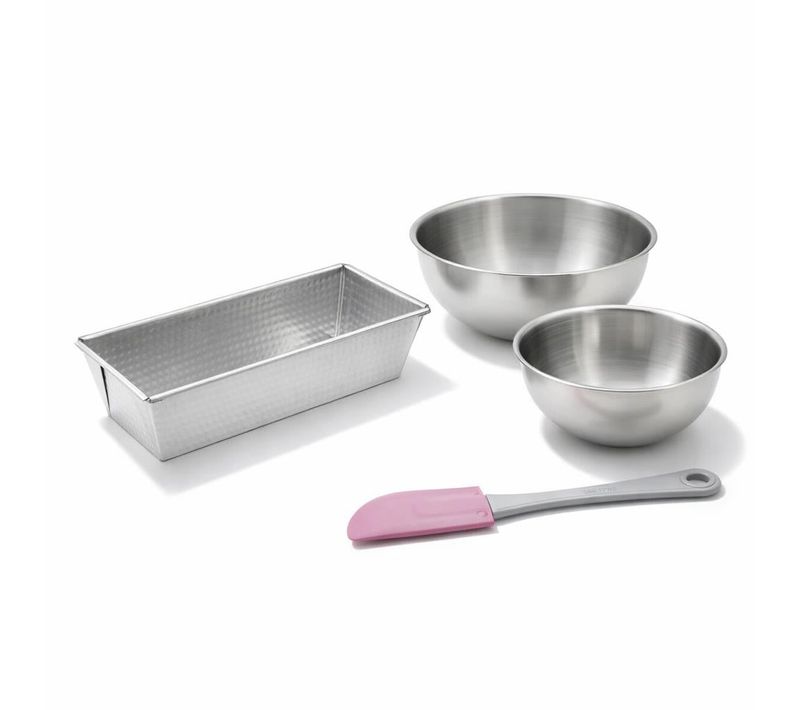 Set Comprenant 1 Moule à Cake En Acier Étamé, 1 Spatule Et 2 Bols à Mixer En Inox