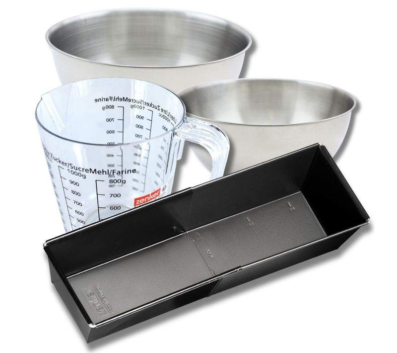 Set Pâtisserie Avec Grand Moule à Cake Extensible, 2 Bols à Mixer, Verre Mesureur Et Spatule Zenker