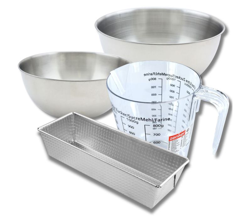 Set Pâtisserie Avec Moule à Cake Acier 25 Cm, 2 Bols à Mixer, Verre Mesureur Et Spatule Zenker