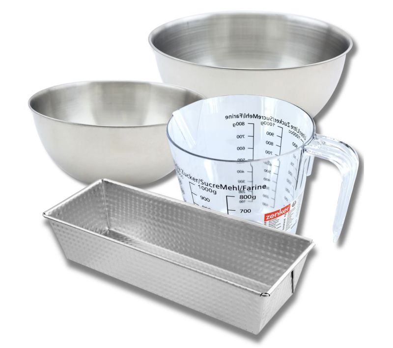 Set Pâtisserie Avec Moule à Cake Acier 30 Cm, 2 Bols à Mixer, Verre Mesureur Et Spatule Zenker