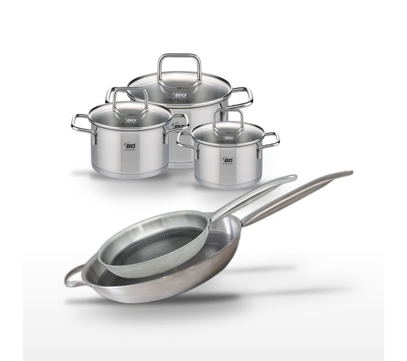 Batterie De Cuisine Avec 2 Poêles 28/32 Cm Et 3 Faitouts 14/16/20 Cm En Inox Sans Pfas Elo Collecti…