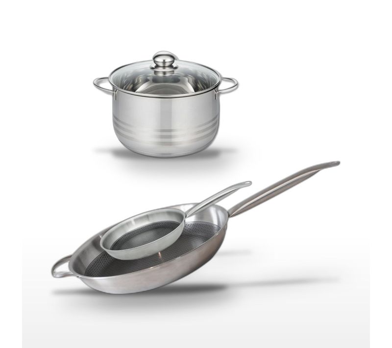 Batterie De Cuisine Avec 2 Poêles De Cuisson 24/32 Cm Et 1 Faitout 20 Cm En Inox Sans Pfas Elo Coll…