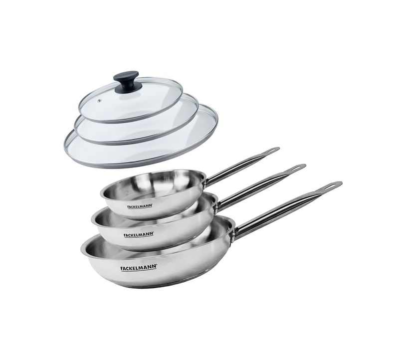 Set De 3 Poêles 20 24 Et 28 Cm En Inox Et 3 Couvercles En Verre Eterna