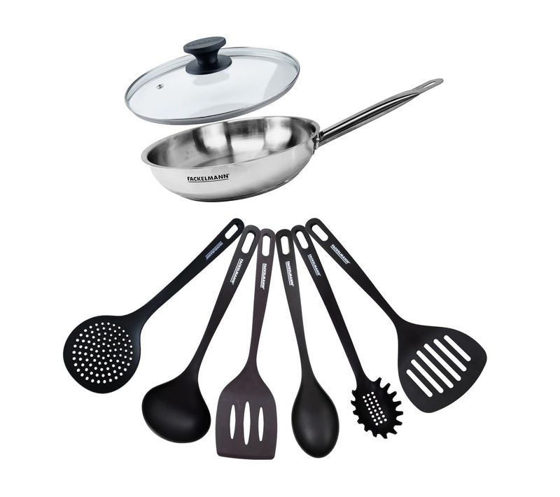 Set De 1 Poêle De 24 Cm En Inox 1 Couvercle En Verre Et 6 Ustensiles Eterna
