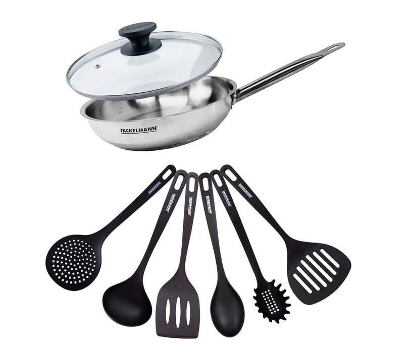 Set De 1 Poêle De 28 Cm En Inox 1 Couvercle En Verre Et 6 Ustensiles Eterna