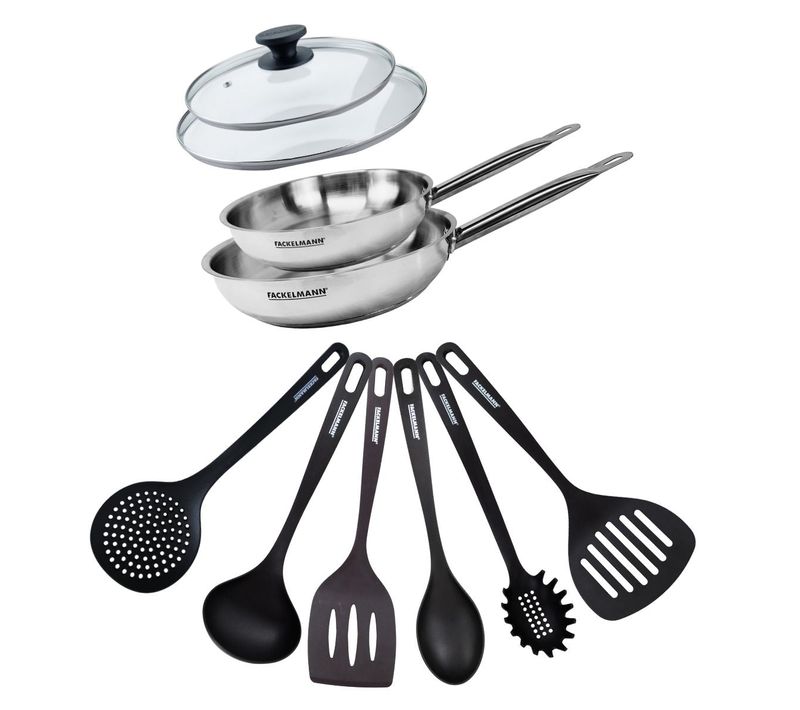 Set De 2 Poêles De 20 Et 24 Cm En Inox, 2 Couvercles En Verre Et 6 Ustensiles Eterna